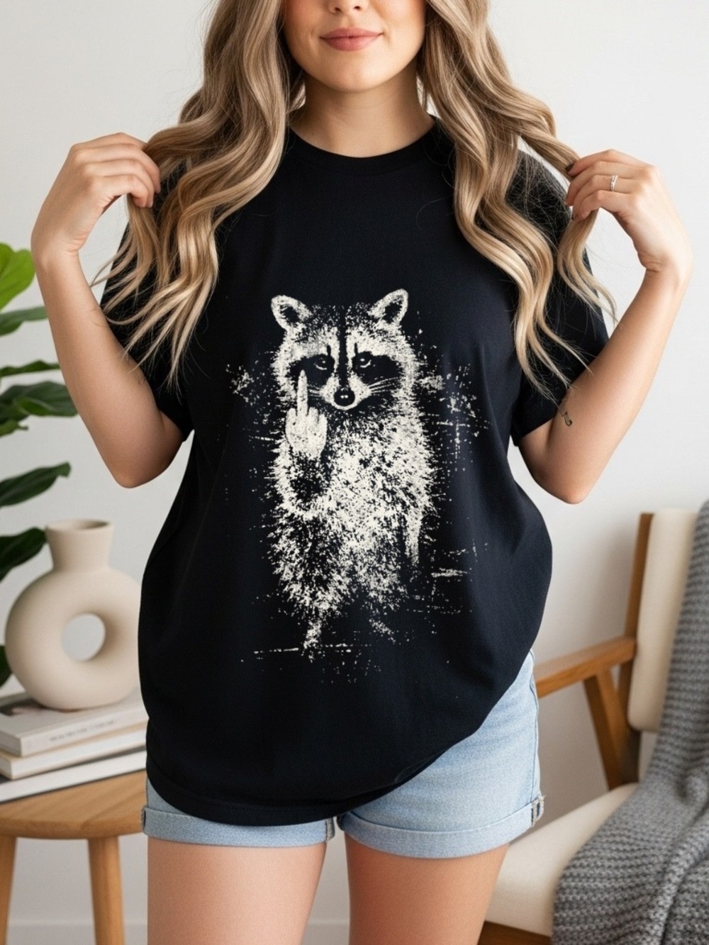 Comfort Colors Black Short Sleeve Tee with White Raccoon Graphic